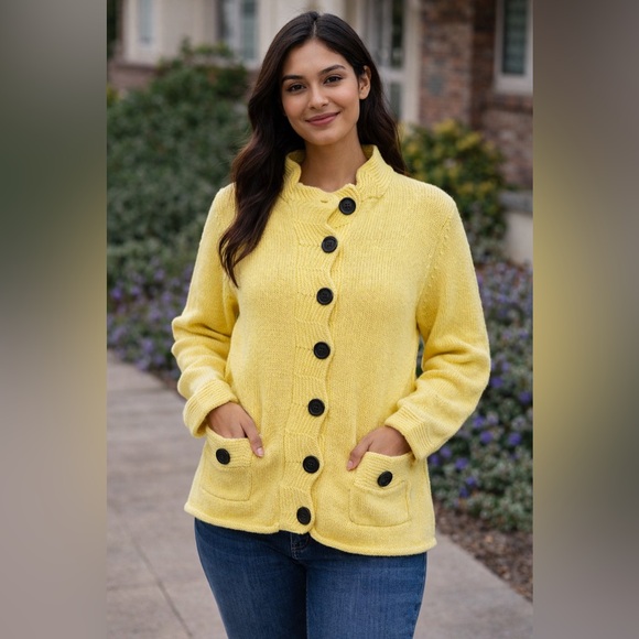 Pure Handknit Sweaters - Pure Handknit Yellow Cotton Knit Jacket Cardigan L/XL
